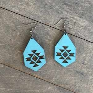 Turquoise Aztec Tribal Pattern Wood Engraved Dangle Earrings